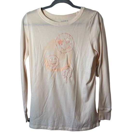 TORRID‎ NWT Classic Fit Baby Pink Smiley Face Doodles Embroidered L/S Tee Sz 00 - Picture 1 of 5